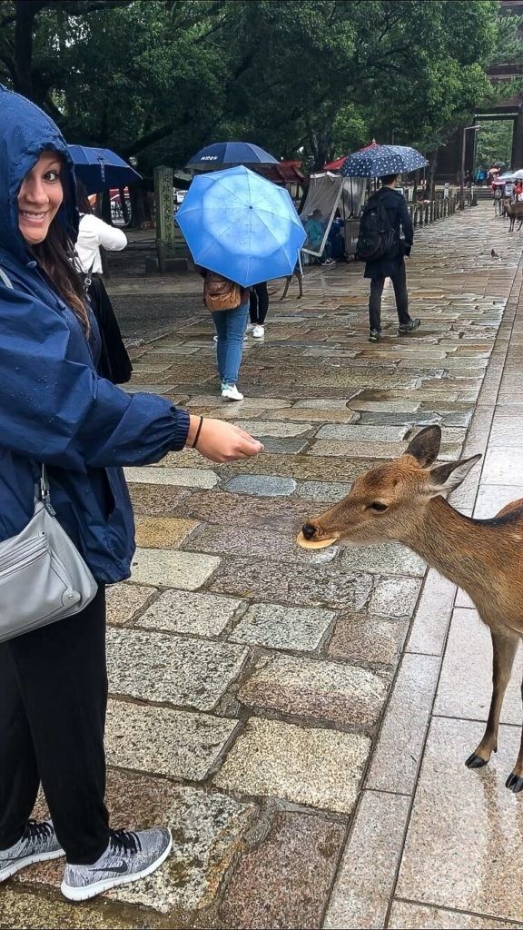 Kristen feeding a small deer with a deer cracker