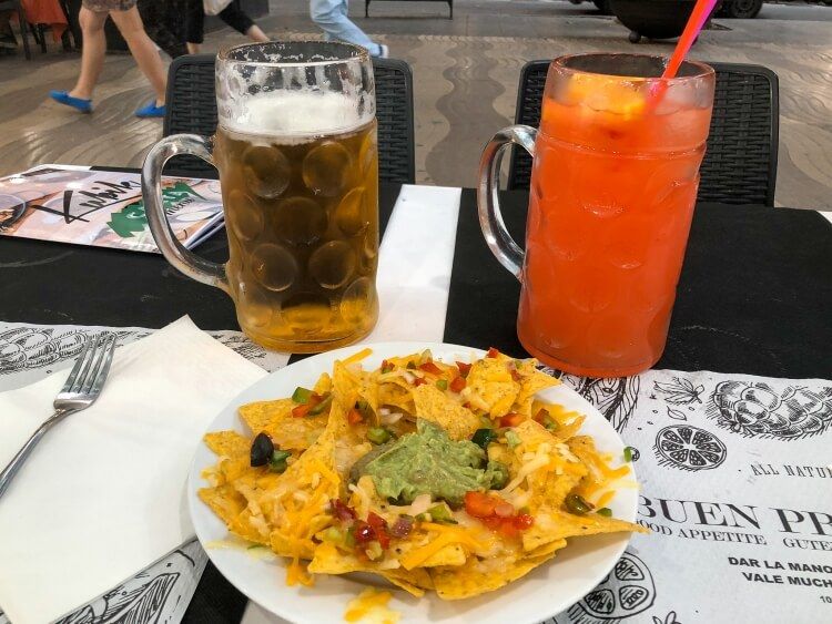 2L drink and nachos appetizer on La Rambla