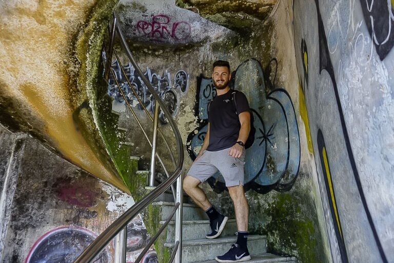 Mark on spiral staircase in abandoned water park hue Vietnam