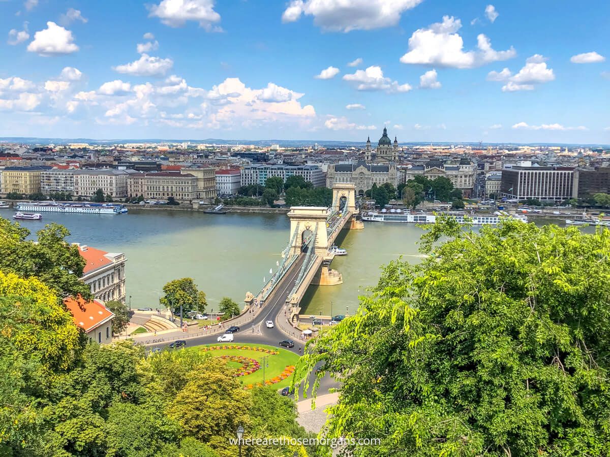 Photo of a wide chain bridge crossing a river with trees in the foreground and the city of Budapest in the background on a sunny day with blue sky