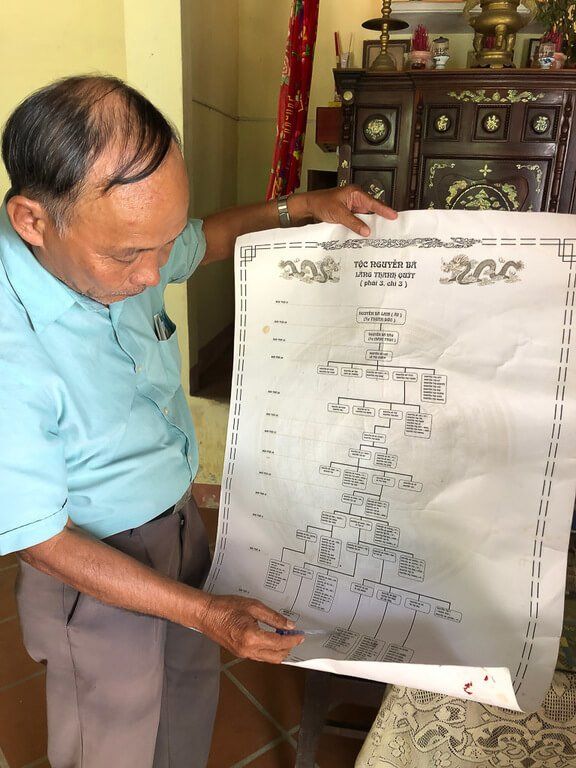 Vietnamese man displaying family tree on large paper