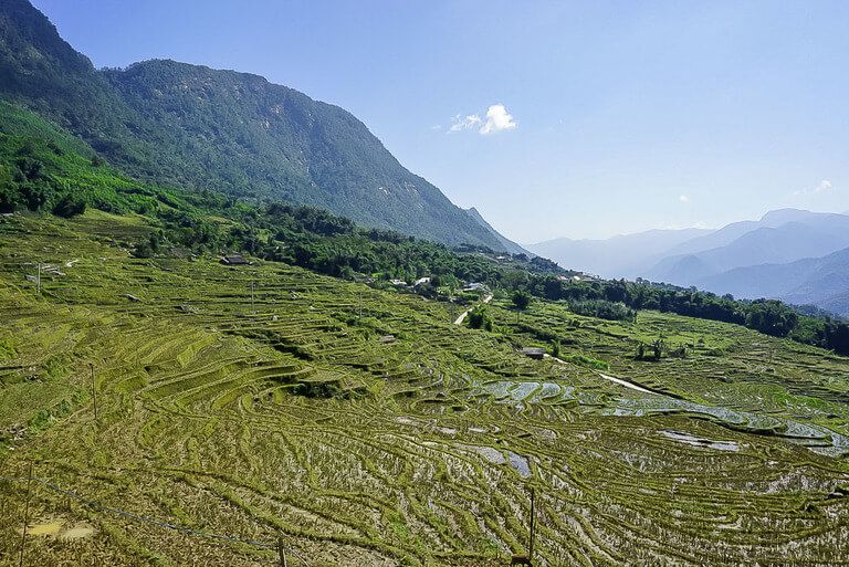 open view of green valley on mountain side trekking in sapa vietnam