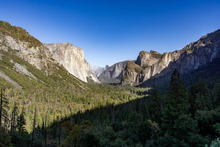 Tunnel view in afternoon huge shadow cast over Yosemite Valley itinerary