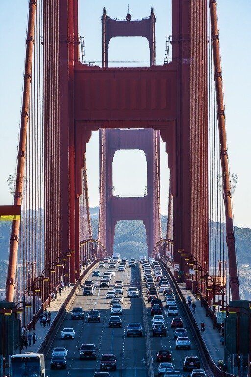 Zoomed in photo of traffic crossing golden gate bridge San Francisco best view of bridge