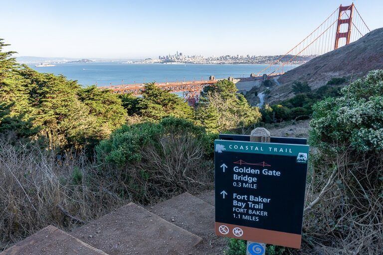 Sign showing how to get to golden gate bridge along public footpath