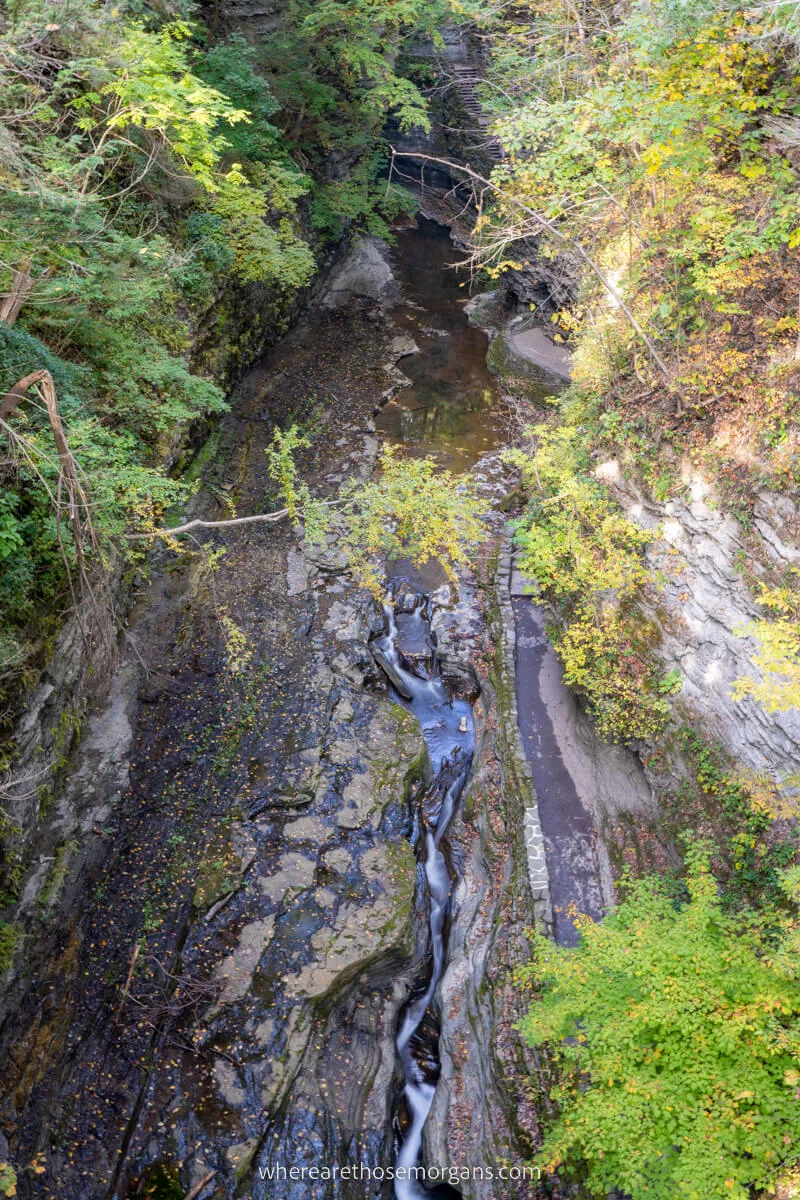 Looking down into Watkins Glen Gorge from above on suspension bridge hiking the north rim trail