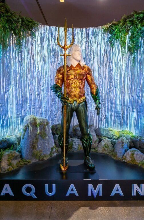 Aquaman armored suit in exhibit at movie studio in Los Angeles