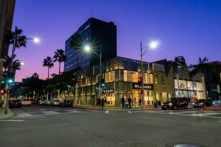 Beverly Hills Rodeo Drive at dusk with stunning pink and blue hue in sky