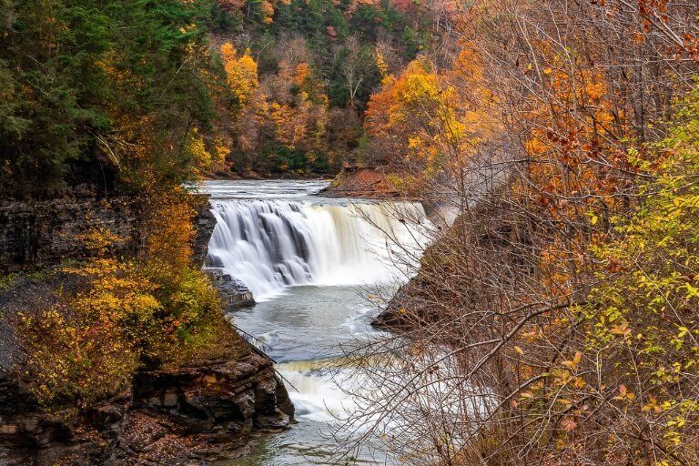 Fall foliage in Letchworth State Park with cascading water flowing 