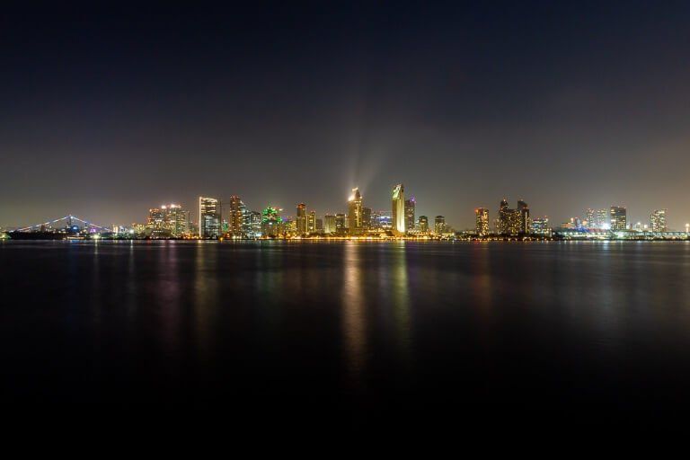 San Diego night skyline from Coronado island looking amazing and still San Diego is the end of California's Pacific Coast Highway and the perfect place to complete the epic road trip from San Francisco