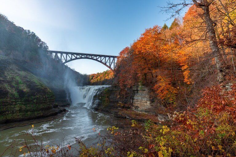 Upper Falls in autumn with stunning fall foliage blue sky and awesome waterfall