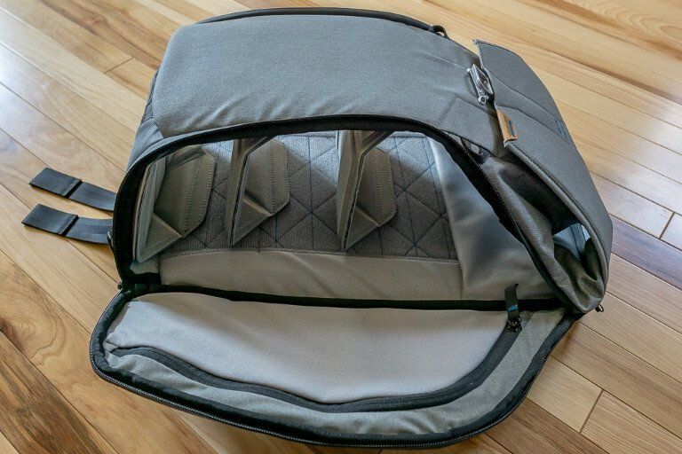 Peak Design camera backpack opened up with 3 removable dividers