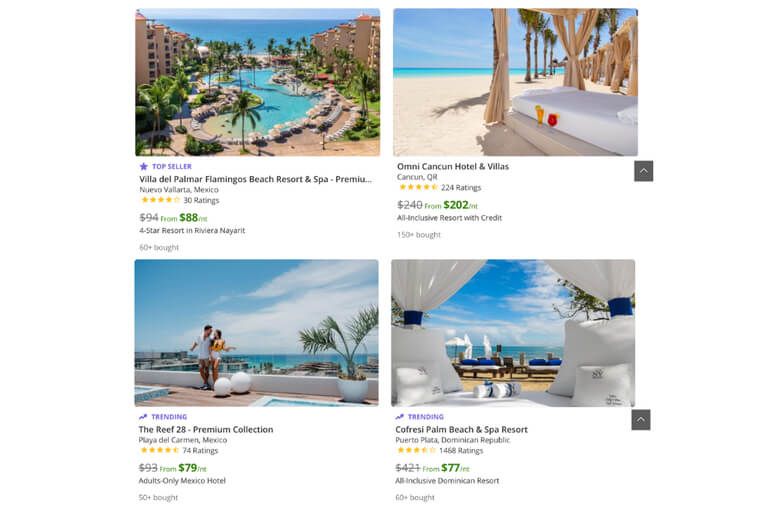 Groupon usually has good special deals for booking cheaper all inclusive hotels in resorts