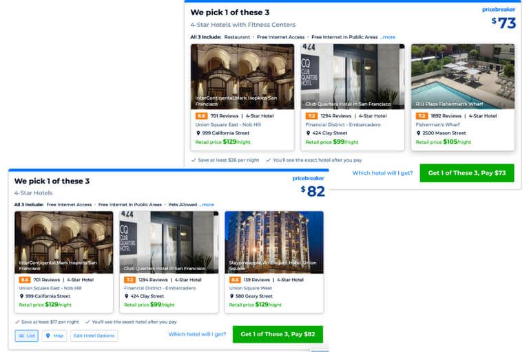 Priceline offers mystery deals at discounted rates which means you get higher quality for less