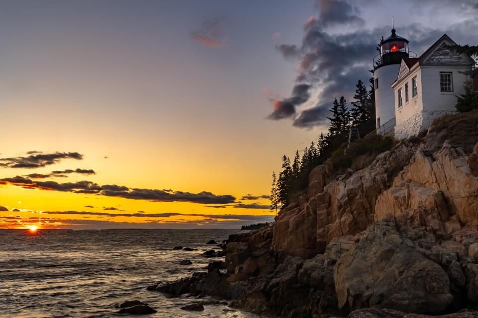 Stunning sunset at bass harbor lighthouse in acadia national park maine usa incredible pictures of america northeast