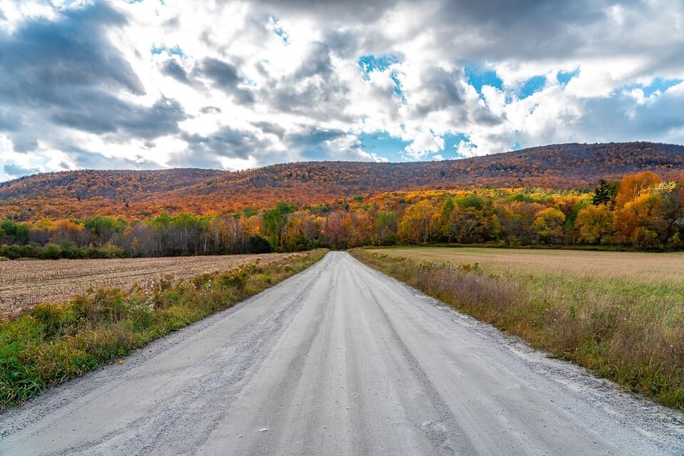 Open road leading to hills filled with colorful foliage trees in vermont usa