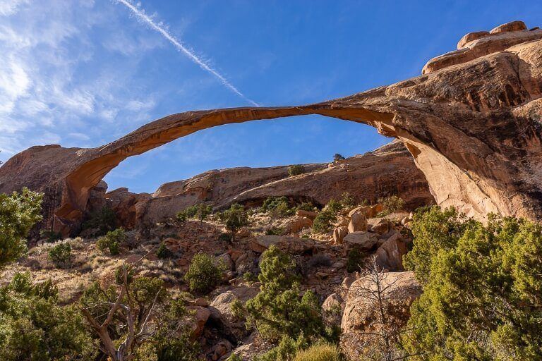 Landscape Arch is one of the most famous arched rocks in the world and can be seen on devil's garden trail at arches national park in utah