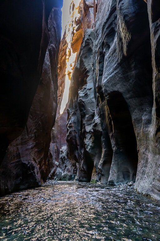 Hiking up the virgin river through the narrows slot canyon trail in zion national park utah