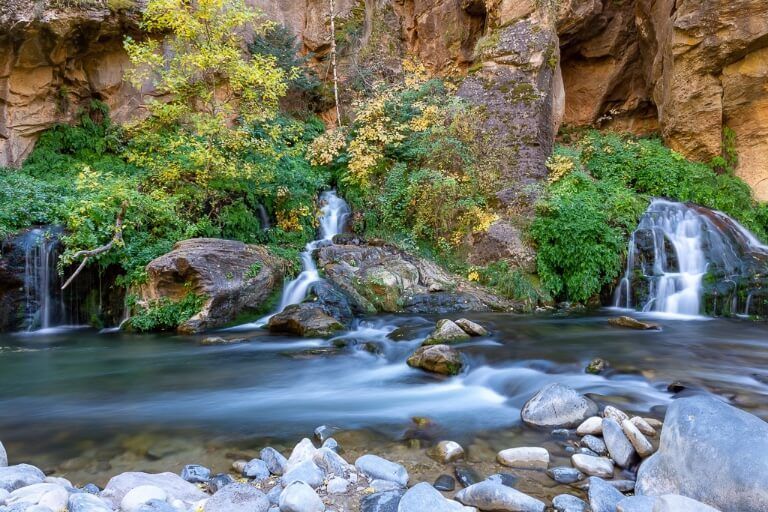 Big Spring is the end of the narrows hiking trail in zion national park you will know you are there when you see 3 small waterfalls