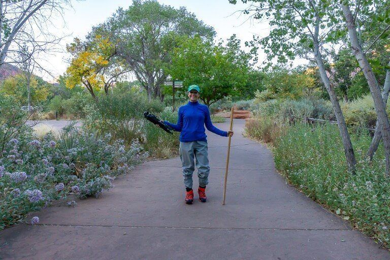 Where are those morgans wearing dry pants package from zion outfitter with walking pole early morning before hiking the narrows