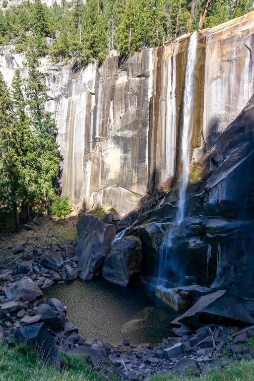 Vernal Fall half in shadow half in light with lunge pool at the base mist trail yosemite national park california