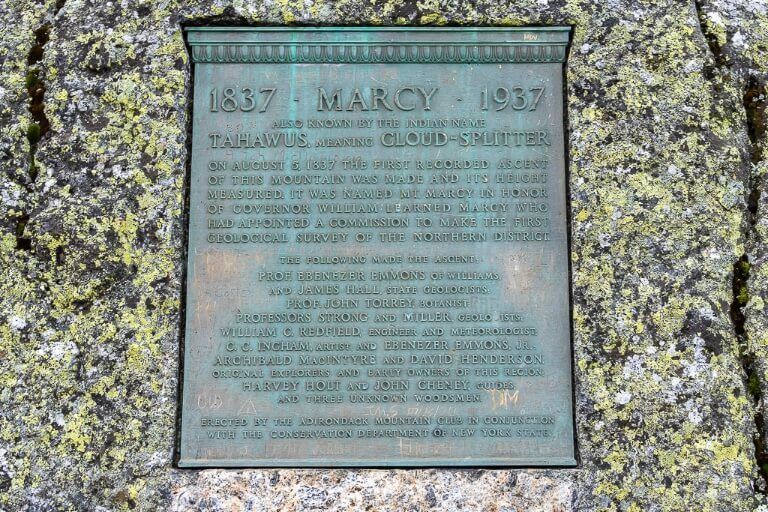 Plaque of mount marcy showing history first climbers year first climbed at the summit of adirondacks highest mountain