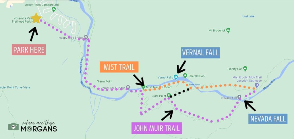 Route map for hiking Mist Trail in Yosemite National Park with dotted lines for Mist and John Muir Trails to Vernal and Nevada Falls