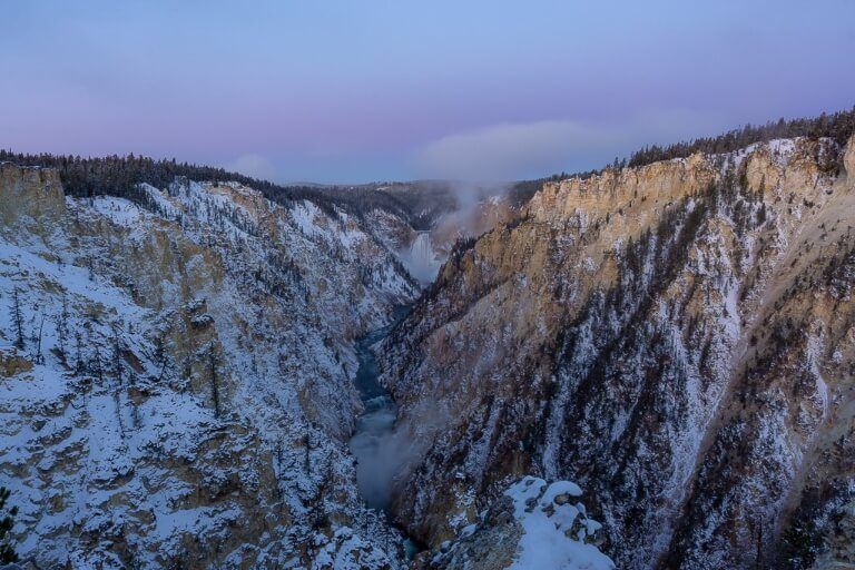 Yellowstone fall with purple sky on october morning at sunrise