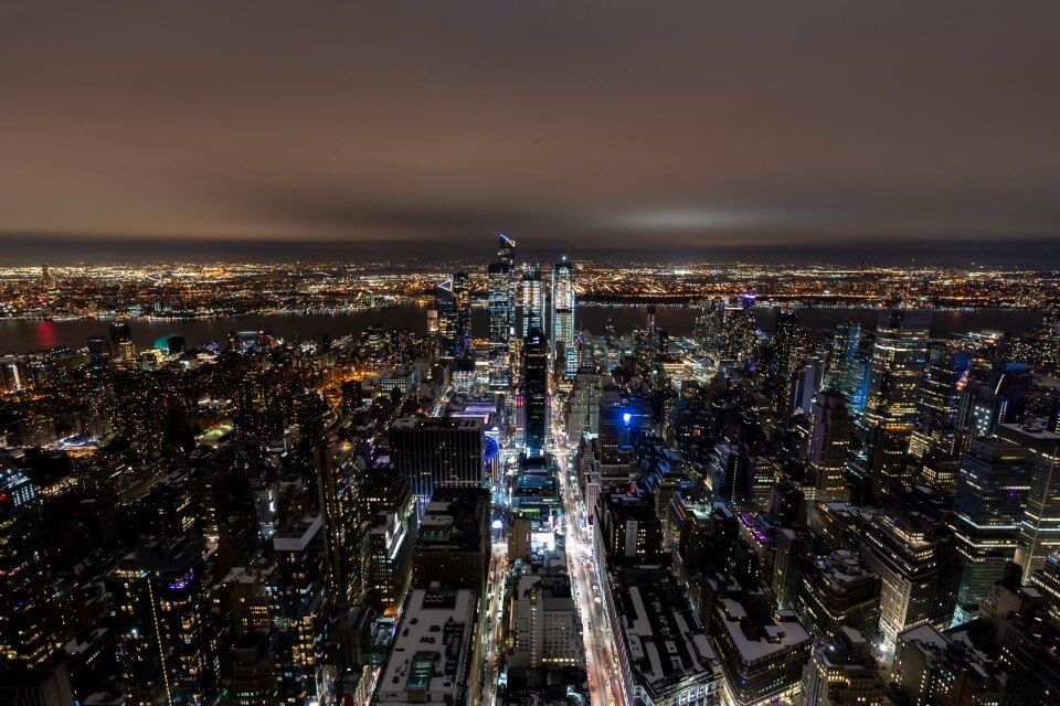 Empire state building observation deck facing northwest at the edge and hudson yards for amazing night views and photography
