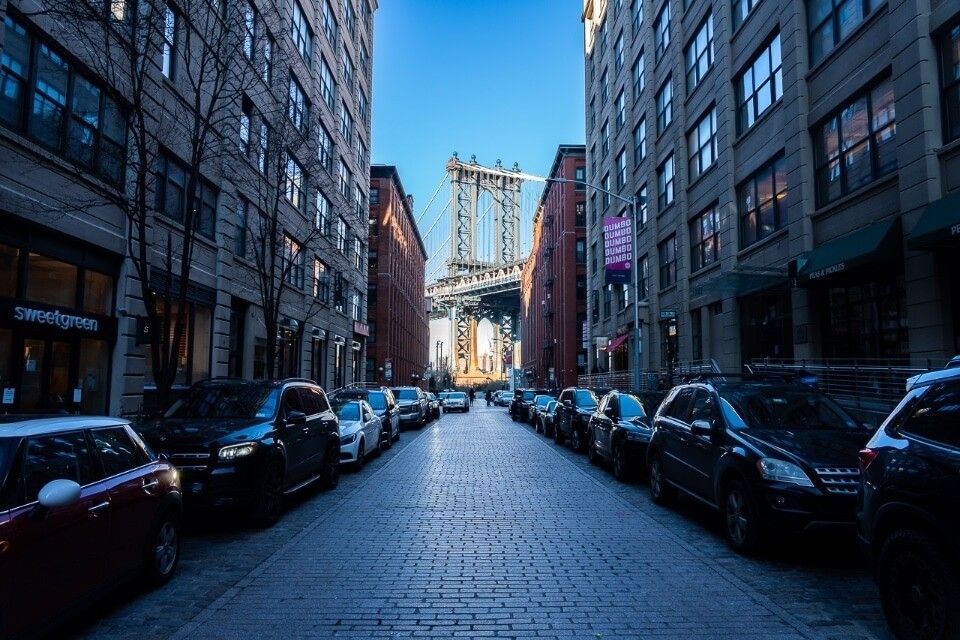 Dumbo Brooklyn Washington Street with awesome Manhattan bridge at the end of the road nyc photography