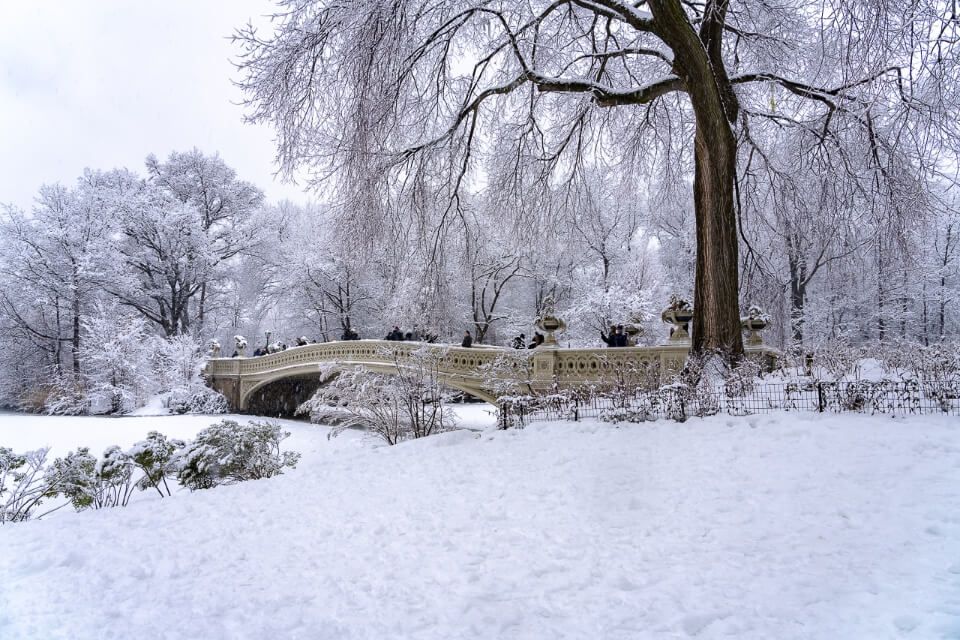 Bow Bridge covered in snow with a frozen pond and icicles in the trees nearby