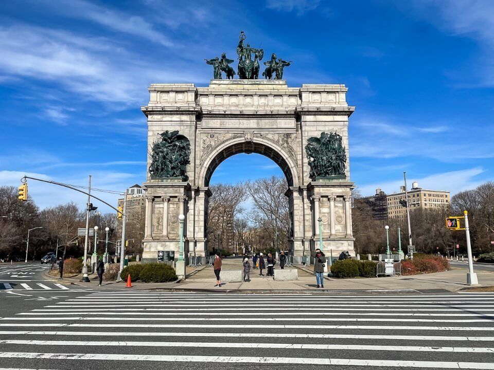 Prospect Park Arch in Brooklyn with pedestrian crossing in front