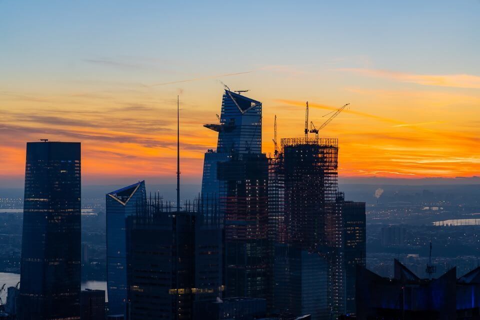 View of the Edge and Hudson Yards at sunset from Top of the Rock in Manhattan