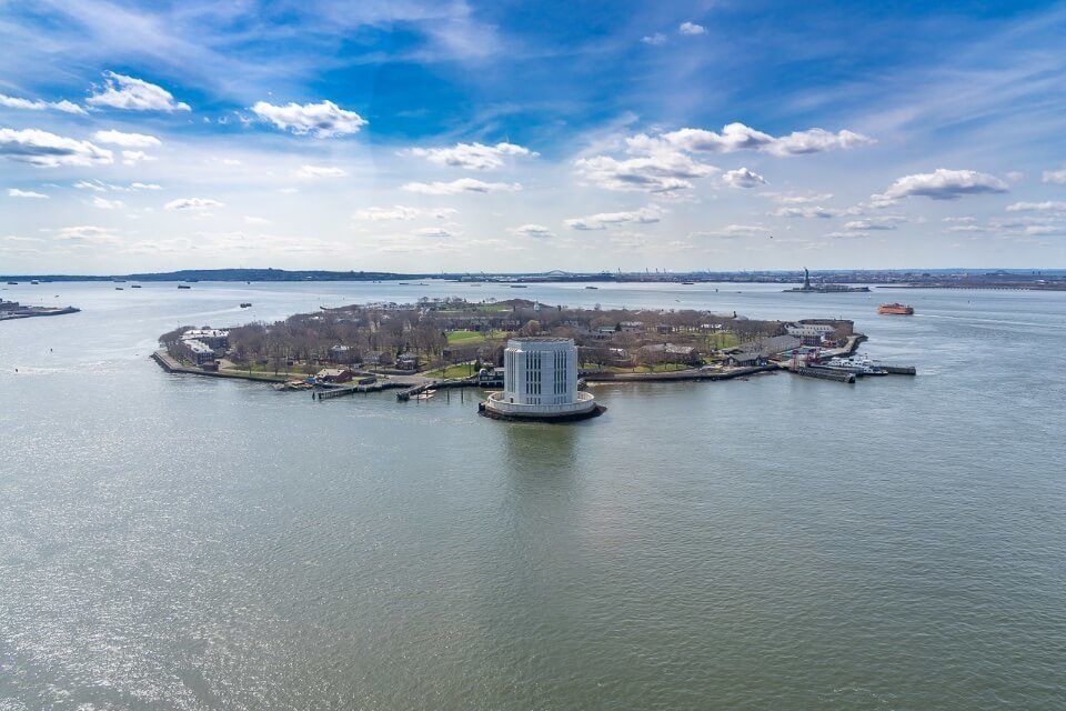 Aerial view of Governors Island with surrounding Hudson River