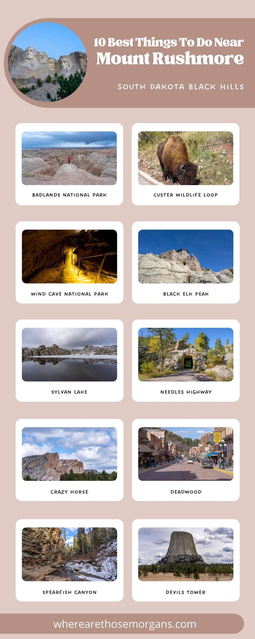 Infographic by Where Are Those Morgans showing the 10 best things to do near Mount Rushmore National Memorial in South Dakota's Black Hills