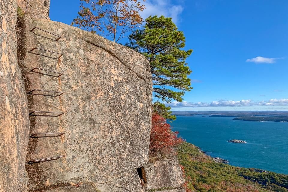 Precipice Trail is the most exhilarating and scary among the best hikes in acadia natinonal park ladder climbs with spectacular views