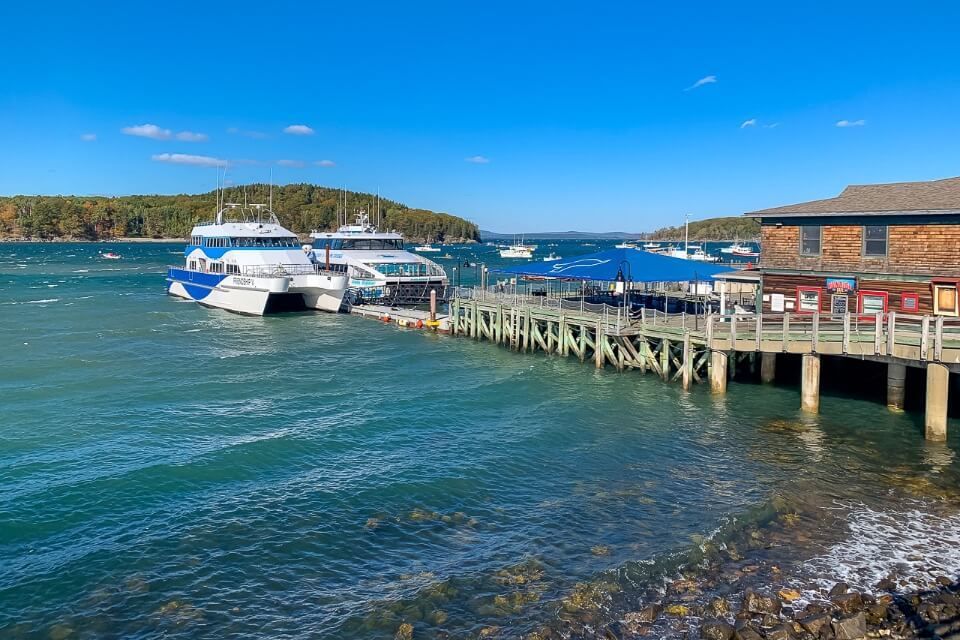 Boats at the end of pontoon in Bar Harbor Maine