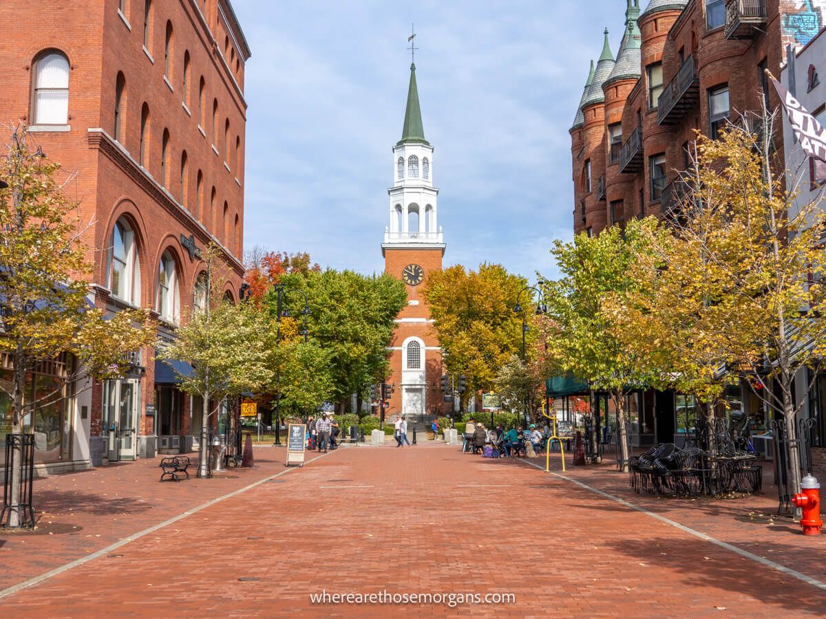 Church Street in Burlington, Vermont lined with popular shops and restaurants