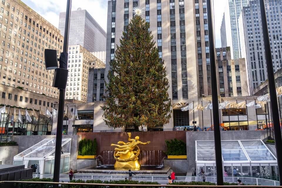 Rockefeller christmas tree outside rockefeller center with ice rink in january