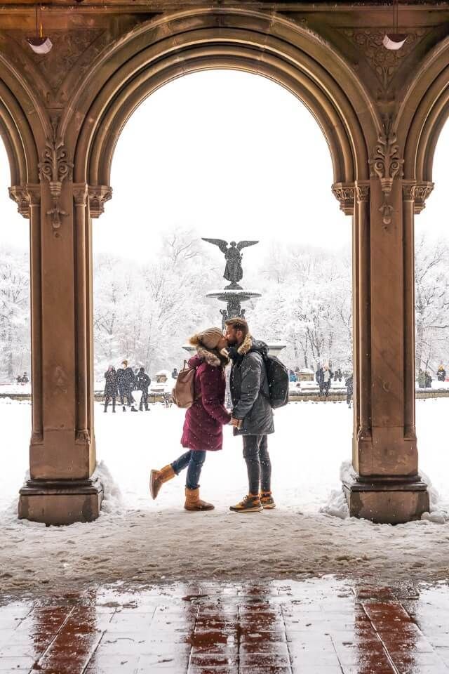 Where Are Those Morgans standing under an arch at Bethesda Terrace in New York City in Winter around Christmas Holidays