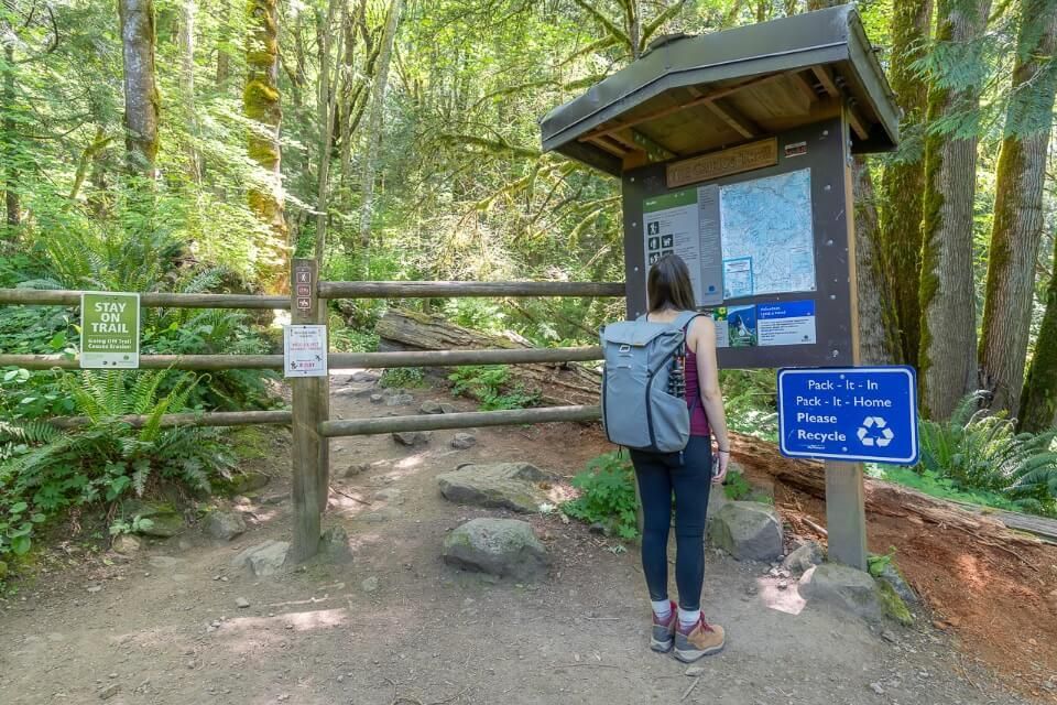 Woman reading hike information on a board at the beginning of a path