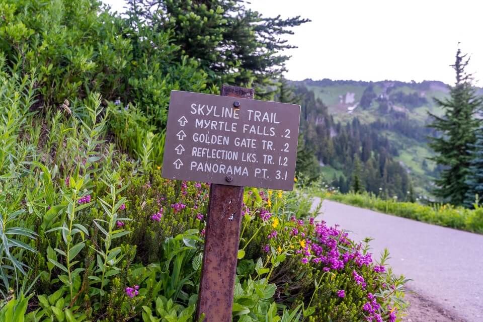 Skyline Trail sign anti clockwise to myrtle falls before sunrise at Mt Rainier national park in washington
