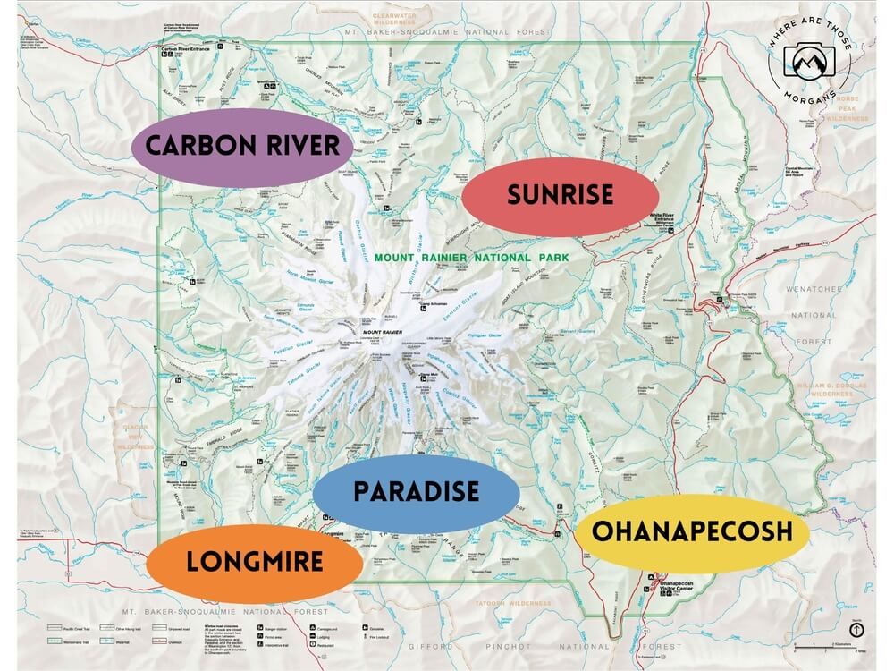 Map showing the five regions to hike in Mt Rainier national park