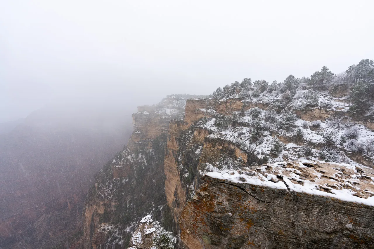 Snow falling on south rim in december fog and mist