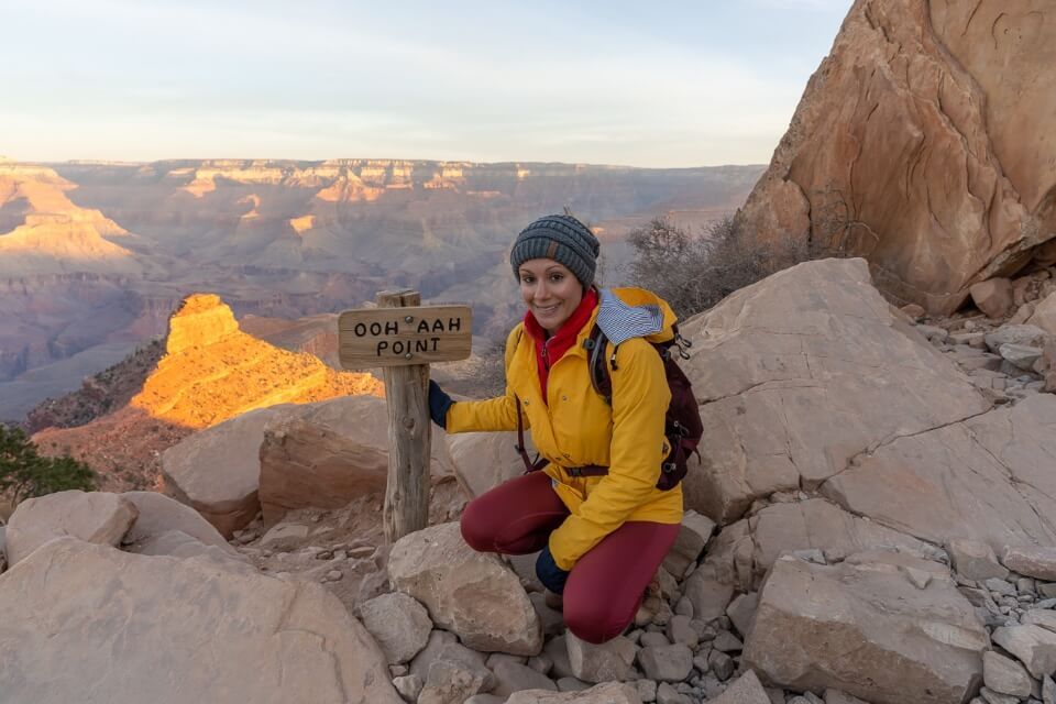Hiking South Kaibab Trail to Ooh Aah Point on a cold morning in december at grand canyon south rim right at sunrise