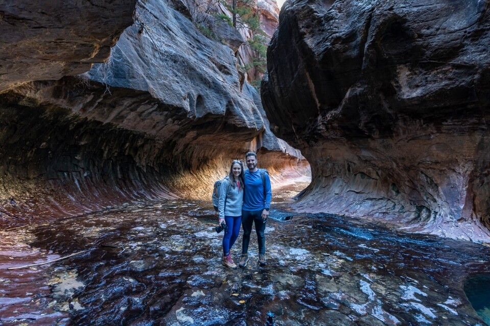 Where Are Those Morgans at The Subway in Zion National Park bottom up day hike to a tunnel rock formation filled with light and emerald green pools
