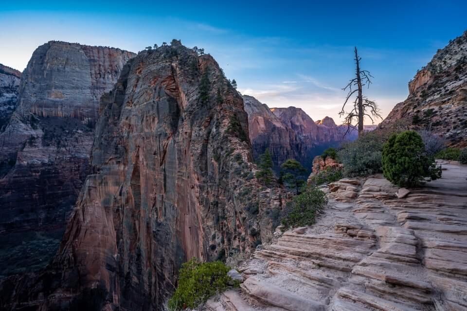 The notorious Angels Landing hike in Zion at sunrise with no hikers on the trail