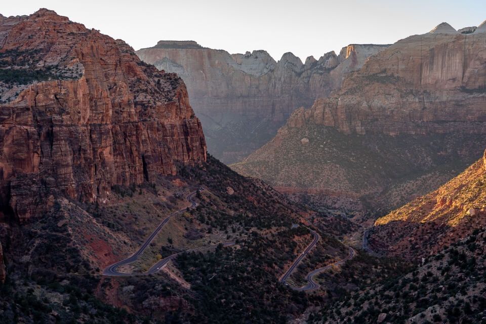 Far reaching views over Zion main canyon from a popular hiking trail at sunset