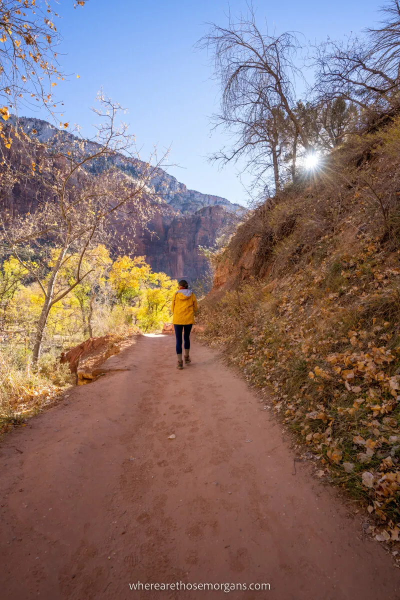 Hiking a sandy trail in Zion National Park in winter