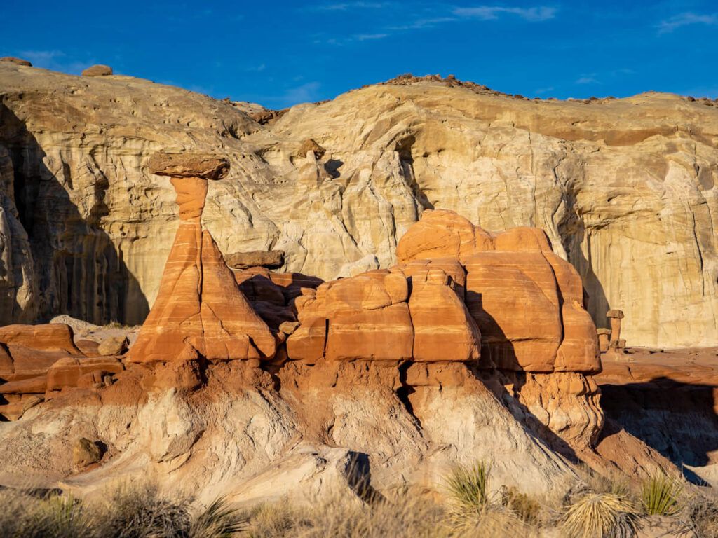 Toadstool Hoodoos hike near Kanab Utah and Page Arizona strange and unique mushroom shaped rock formations at sunset